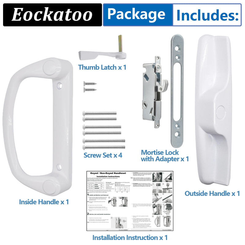 Sliding Glass Patio Door Handle Replacement Set with Mortise Lock 45° Keyway, Non-Keyed Pull Handles, Fits 3-15/16" Hole Spacing, 1-1/4" to 2" Thick Doors, Non-Handed, White Non-Keyed Handles + Mortise Lock