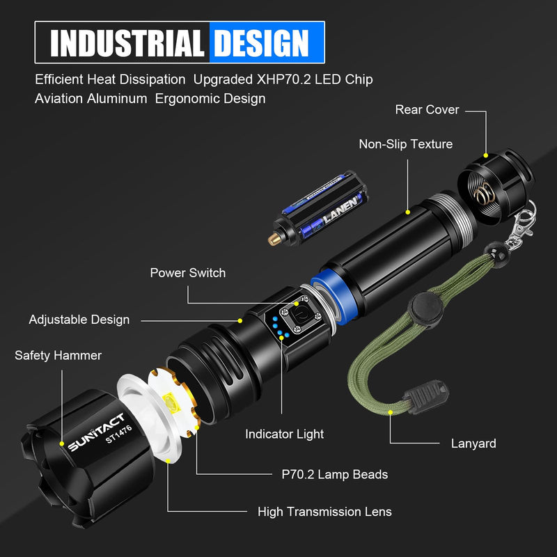 Flashlights High Lumens, Rechargeable Flashlight Led 990000 Lumen XHP70.2, Super Bright Flash Light, High Powered Handheld Flashlights for Emergency Camping Gift, IP67 Waterproof, Adjustable Black