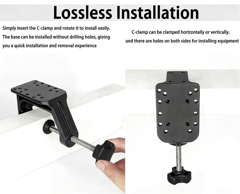 Strg C-Clamp Mount with 1.5" C Size Ball Round Base, Aluminum Support Clamp Boat Mount Universal C Claw Holder Compatible with 1.5" C Size Ball Double Socket arm for Phone GoPro GPS Mounting and More C Clamp + Round Mount