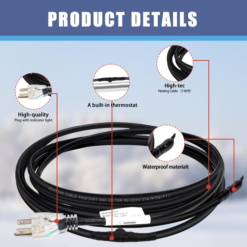 12FT Self-Regulating Pipe Heating Cable with Thermostat,Heat Tape for Water Pipe Freeze Protection,Pipe Heating Trace System for Home Supply Pipes,120V 12 ft