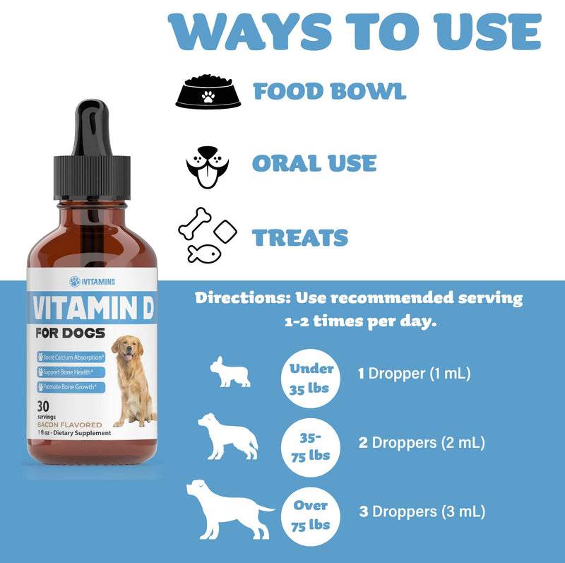 Vitamin D for Dogs | Vitamin D Supplements for Dogs | Vitamin D Dog | Dog Vitamins | Dog Vitamins and Supplements | Dog Vitamins Multivitamin | Vitamins for Dogs | 1 fl oz: 30 Servings | Bacon Flavor - PawsPlanet Australia