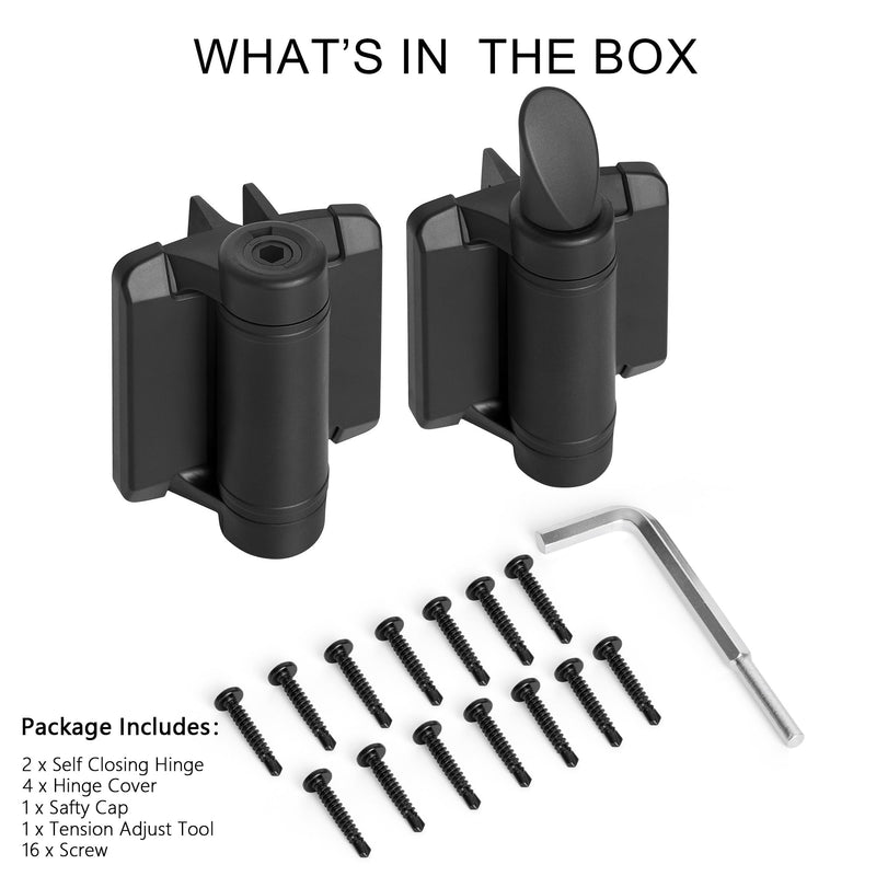 Self Closing Gate Hinges, Heavy Duty Adjustable Tension Nylon Hinge | Fence Hinges Kit for Outdoor Metal/Vinyl/Wooden Gate with Safety Cap, 1 Pair Black