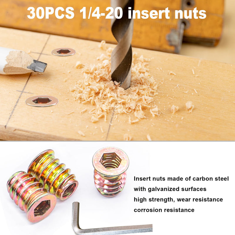 Taiss 30 Sets 1/4-20 x 3/4" Furniture Screw Nut Threaded Inserts for Wood,1/4-20 x 19/32" Nut Threaded Wood Inserts Bolt Fastener Connector Hex Socket Drive Screw-in Nuts with Hex Spanner 1/4-20 x 3/4"