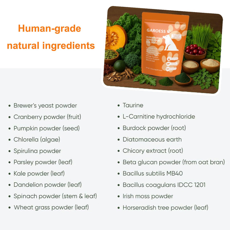 Human Grade Superfood for Dogs, Premium Green Powder, Cranberry,Pumpkin Powder, chlorella for Dental & Teeth, Hip & Joint, Gut Health, Allergies, Immune, Skin, Large Size, 90 Scoops（5.3oz