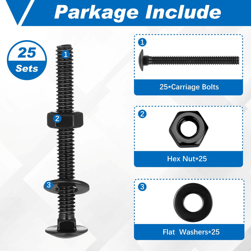 Zonon 25 Sets 1/4-20 x 2-1/2" Stainless Steel Carriage Bolts and Nuts Kit Round Head Square Neck Carriage Bolts Screws and Hex Nuts and Flat Washers, Stainless 18-8 Full Thread Coverage (Black) 1/4-20 x 2-1/2" Black