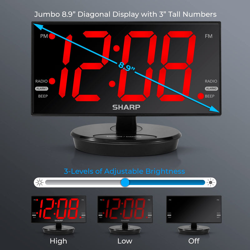 Sharp Digital Alarm Clock, 8.9" Extra Large LED Clock with Tilt and Swivel Display, AccuSet Automatically Sets The Time, Dual USB Charger Ports, FM Radio, 3 Level Adjustable Dimmer Brightness