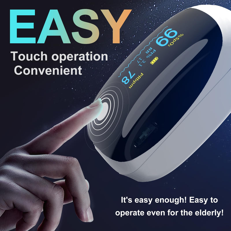 Fingertip Pulse Oximeter, Blood Oxygen Saturation (SpO2) Monitor for Fast Readings, Track Heart Rate, Respiration Rate (RR) & PI, Rechargeable with Rotatable OLED Display, 6 Modes, Portable - White