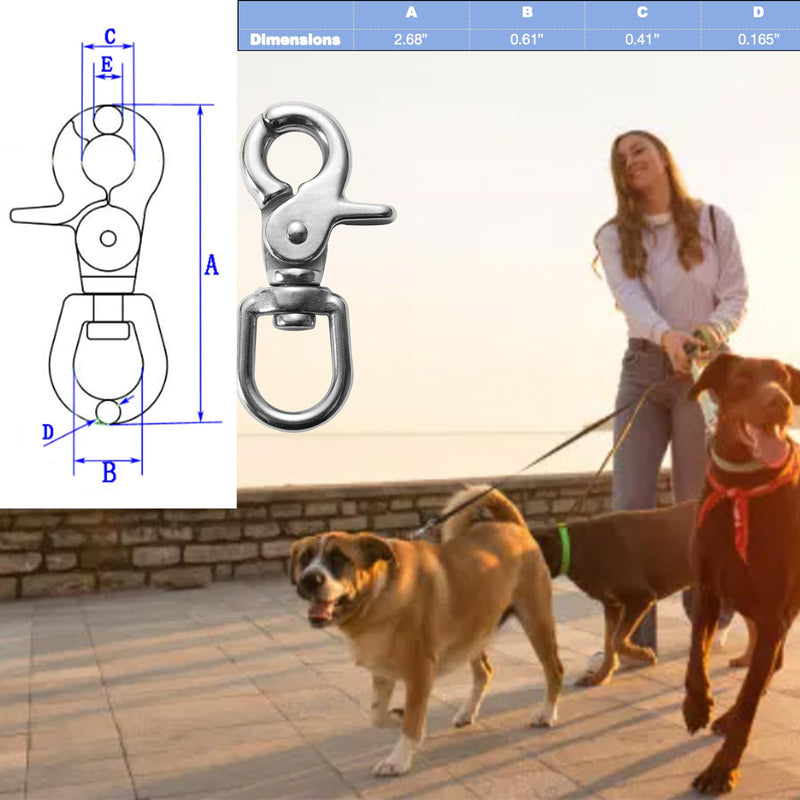1 PCS 316 Stainless Steel Swivel Trigger Snap Hooks, 2.65” Heavy Duty Clips, 130 lbs Capacity - Marine Grade, Anti-Rust, Multipurpose Lobster Claw Clasps for Pet Leashes, Bags, and Cameras 1