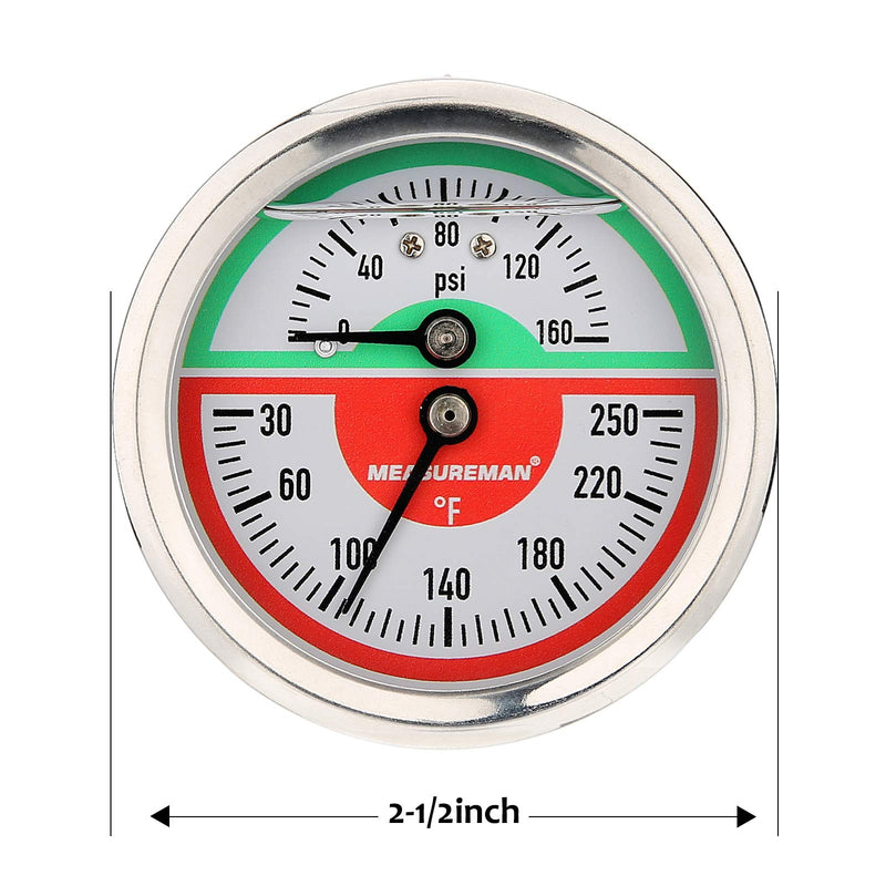 MEASUREMAN Tridicator, Thermo-Manometer, 2-1/2", Silicone Oil Filled, 0-160psi/30-250 deg F, Stainless Steel Case, 1/4" NPT Back Mount Back Mount-Liquid Filled