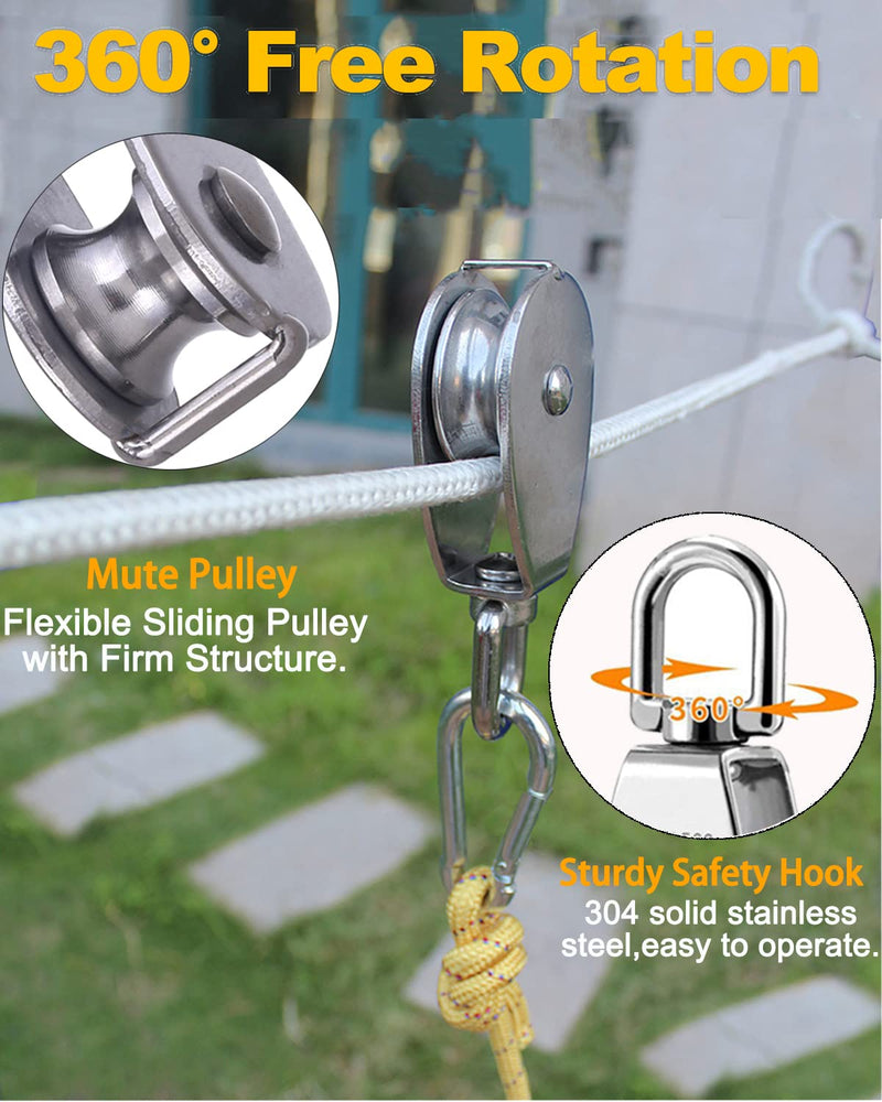 Rocaris 4 Pack M20 Pulley Block, 2 Pcs Single Pulley & 2 Pcs Double Pulley 304 Stainless Steel Wire Rope Lifting Swivel Hook 2 Pack Single & 2 Pack Double
