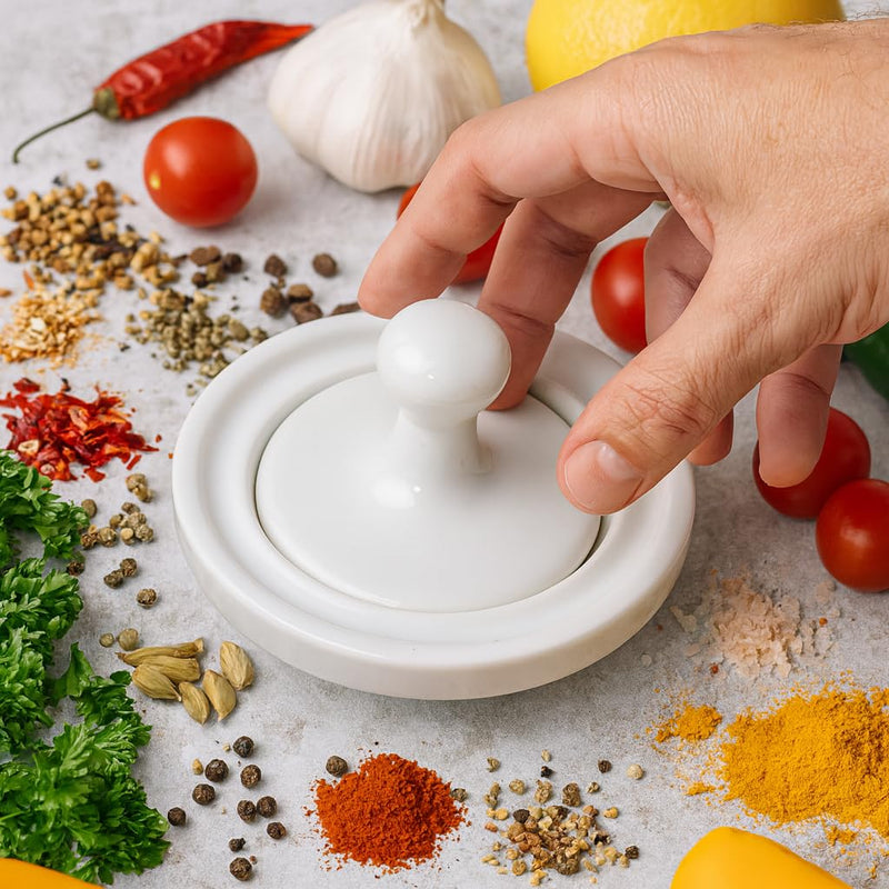 HIC Kitchen Flying Saucer Mortar and Pestle, Fine Porcelain, 4-Inch, Wide Pestle Herb Spice Grinder and Pill Crusher