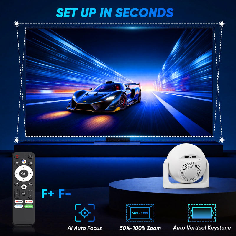 Mini Projector with WiFi and Bluetooth Auto Focus & Vertical Keystone Smart Portable Projector Android 13 with Built in Apps 1080P HD 4K Support w/ HDMI/USB Supported Home Movie Projector (White) White