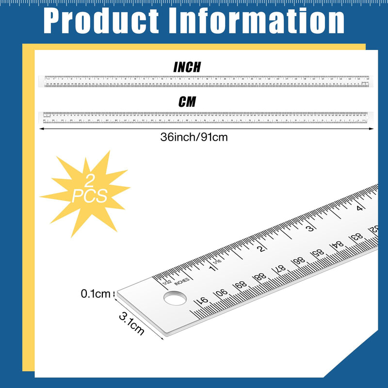 2 Pieces 36 Inch Metal Yard Stick Non-slip Ruler with Cork Backing Stainless Steel Metal Ruler Large Edge Rulers Yard Stick with Inch and Centimeters Drafting Office Tool Prevent Ink Leakage
