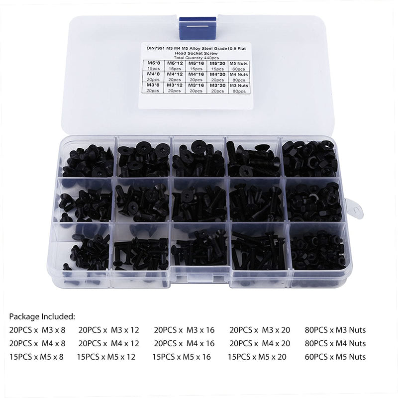 440Pcs Flat Head Bolt M3 M4 M5 Screws Alloy Steel Hex Socket Flat Head Screw Bolts and Nuts Kit with Plastic Case Black