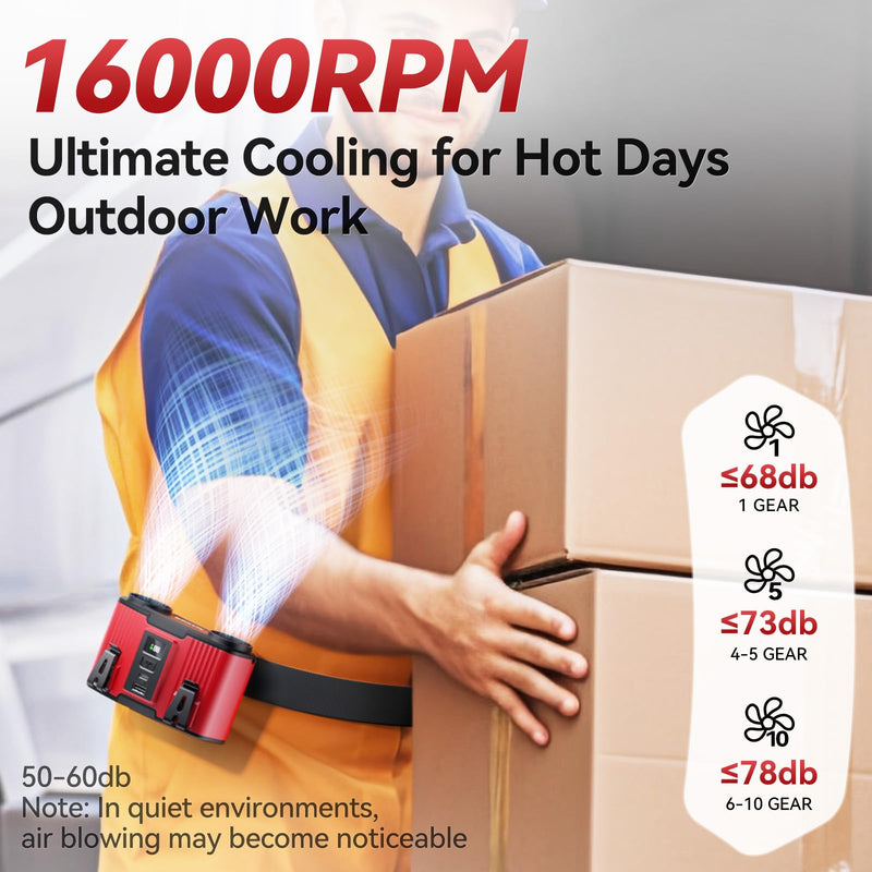 24000mAh Portable Waist Fan, Dual Waist Fan, USB Rechargeable Clip On Belt for Working, Dual Air Ducts Motors, 10 Speeds & 40H, Wearable Neck Fan Cooling for Camping, Outdoor, Travel (Red) Red 24000mAh