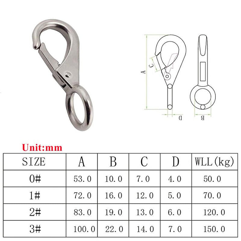 2/4Pcs Heavy Duty Stainless Steel 316 Spring Snap Hook Fixed Eye Clip Carabiner Marine Clip Dock Hardware Accessories 0# 4Pack