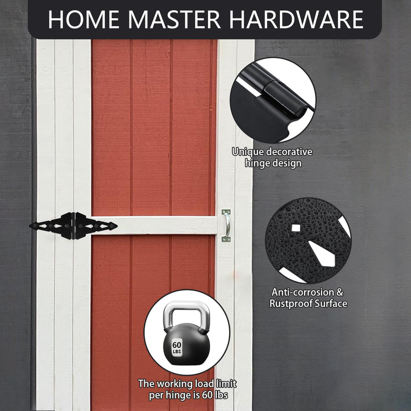 HOME MASTER HARDWARE Wood Gate Hardware Set - Heavy Duty 8" Decorative Strap Hinges and Spring Loaded Latch Gate Kit with Screws for Outdoor Fence Swing Gate Black Finish