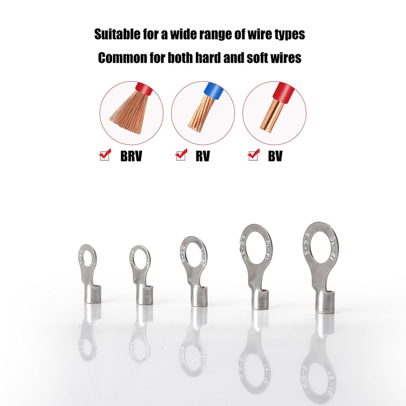 250pcs Non-Insulated Ring Terminals, Copper Ring Connectors Terminals, AWG22-16 16-14 14-12 12-10 Crimp Ring End Terminal, Electric Wire Connectors, Tin-Plated Wire Lugs Battery