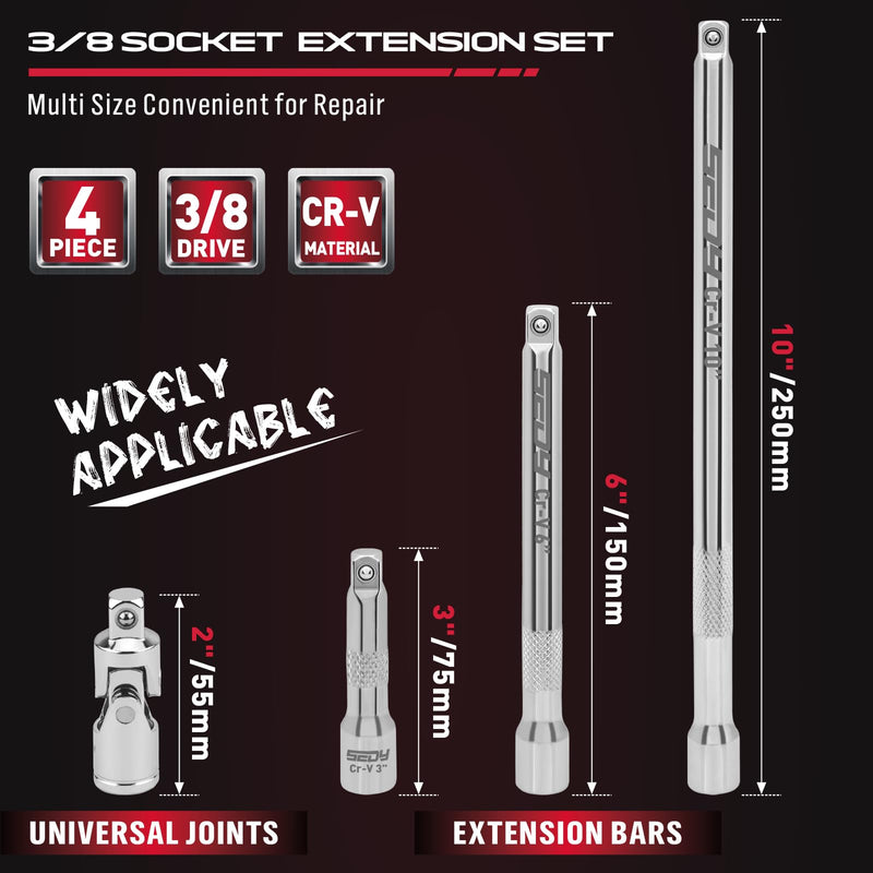 3/8" Socket Extension Bar Set: 4-Piece Professional Socket Extension Set Include 3, 6, and 10 Inch Extensions and 3/8 Inch drive Universal Joint Socket, Premium Cr-V Steel Construction