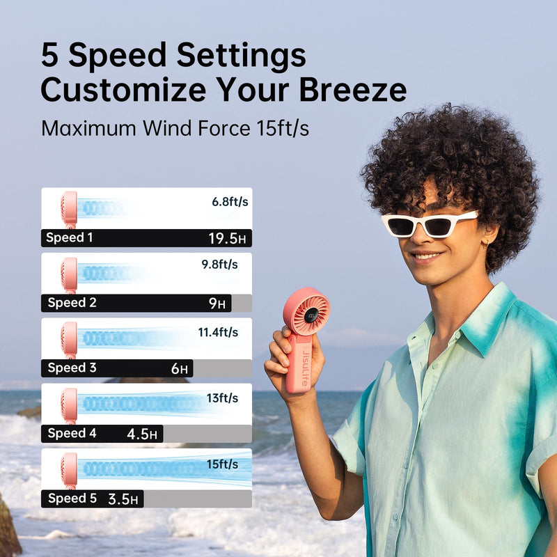 JISULIFE Handheld Fan Life7 – Ultimate Flexibility: High-Power Motor, LED Display, 19.5 Hrs Cooling, 5000mAh Rechargeable, 5-Speed, Foldable Design, 3-IN-1 Portable Fan for Travel Cruise Beach(Pink) Pink