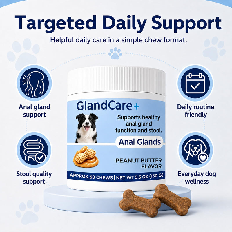 GlandCare+ Anal Gland Chews for Dogs - Pumpkin Seed, Psyllium Husk & Probiotics - Peanut Butter Flavor - Relieves Scooting & Odor - Digestive Health & Stool Support Supplement - 60 Count
