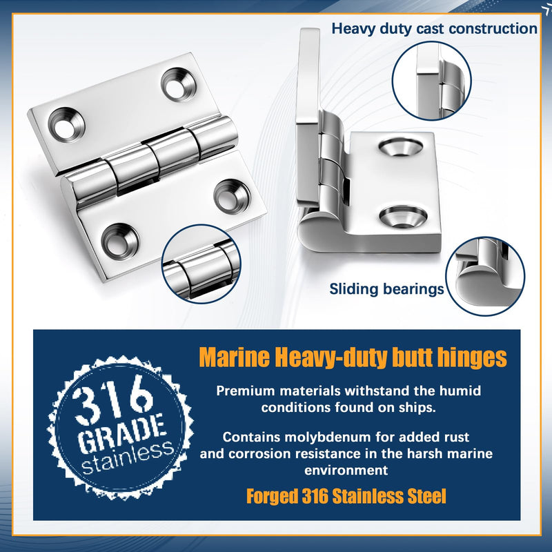 BBTO 6 Pack 316 Stainless Steel Hinges Marine Grade 2" x 2" Heavy Duty Hatch Hinges with Screws for Boat, Yacht, Cabinet Door, Home Use