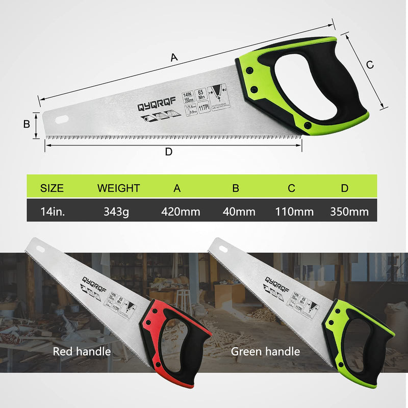 14 in. Pro Hand Saw, 11 TPI Fine-Cut Soft-Grip Hardpoint Handsaw Perfect for Sawing, Trimming, Gardening, Cutting Wood, Drywall, Plastic Pipes, Sharp Blade, Ergonomic Non-Slip Handle (green) Green