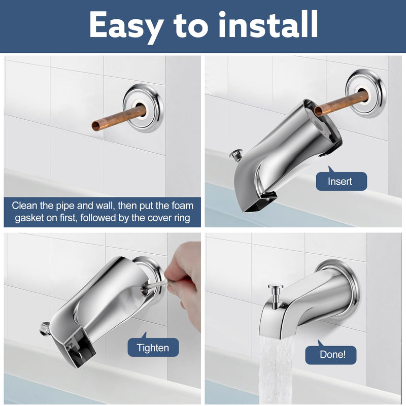 Tub Spout with Diverter, Slip-Fit Bathtub Faucet Replacement for 1/2" Copper Pipe, Includes Metal Cover Ring (Chrome) Chrome