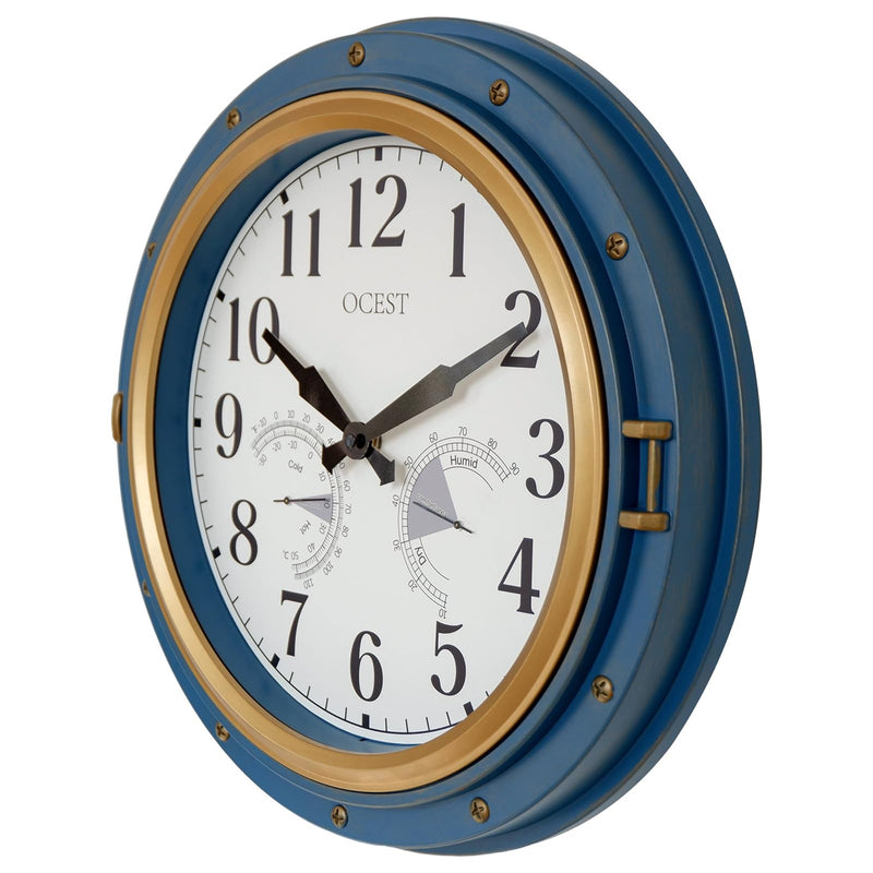 OCEST 16 Inch Indoor Outdoor Clock, Waterproof Wall Clock with Thermometer Hygrometer, Silent Non-Ticking Battery Operated Decor for Home Decor, Patio(Blue) Navy Blue