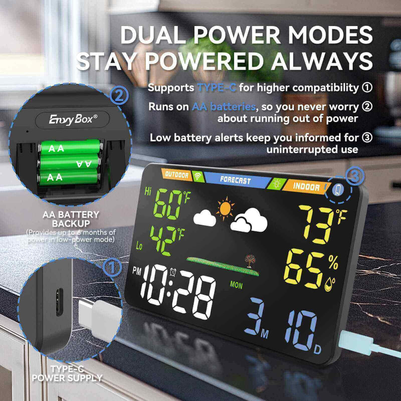 EnvyBox WiFi Weather Station 8.5" LED Display | Privacy-Focused, No App Required, Syncs Weather & Time for Home/Office | Accurate Weather Data, Dual Power Options, Black