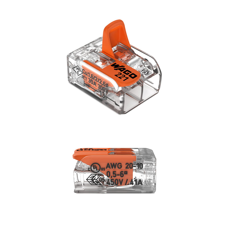 221-612 | WAGO Lever-NUTSsplicing Connector | for Solid and Stranded Conductors | 2-Conductor with Operating levers | 20-10 AWG | Transparent housing | [Box of 50 Pieces] Box