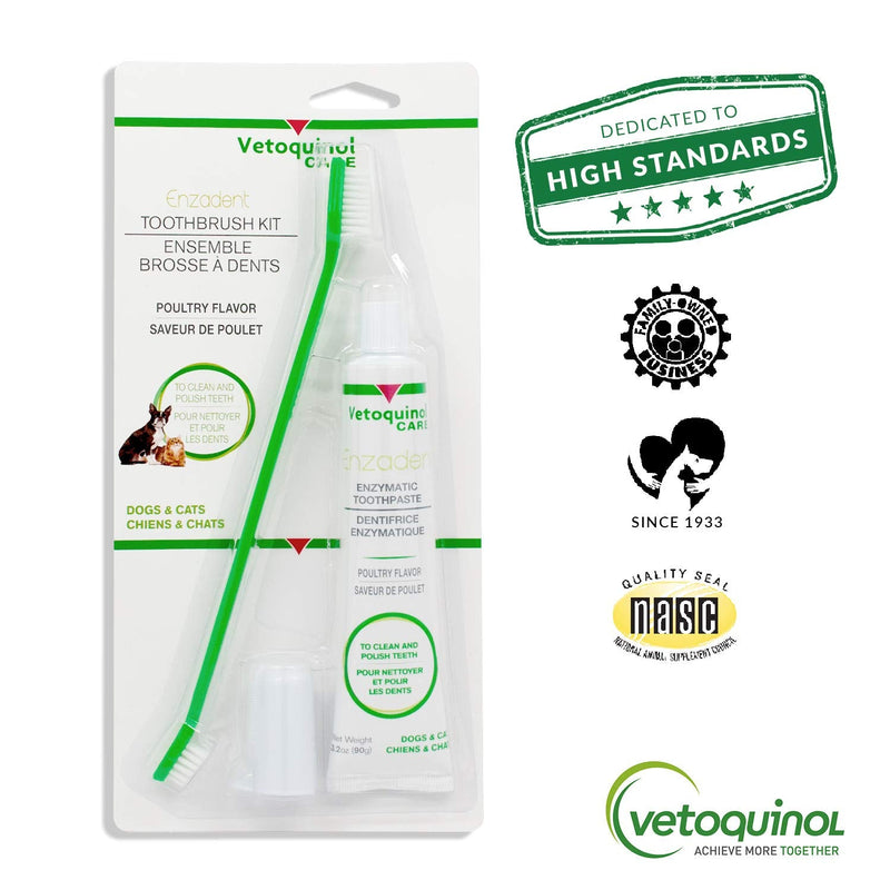 Vetoquinol Enzadent Enzymatic Toothpaste Kit + Fingerbrush & Dual-End Toothbrush for Cats & Dogs – 3.2 oz, Poultry Flavor – Oral Dental Care Kit: Removes Plaque, Polishes Teeth & Freshens Breath - PawsPlanet Australia