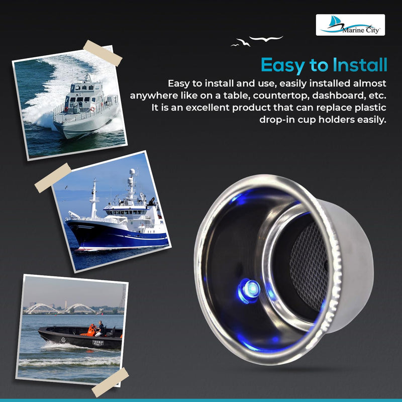 MARINE CITY Blue LED Light Cup Holder with Drain, Stainless Steel, Durable, Corrosion-Resistant, Easy Installation for Boats, Poker Tables, Yachts, Ships (Pack of 1)