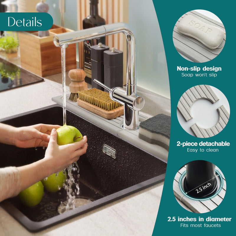 Faucet Mat for Kitchen Sink - 24'' Long Diatomite Fast Drying Stone Sink Tray, Super Absorbent, Prevents Moisture Buildup - Faucet Splash Guard for Bathroom Counter [Light Grey, 23.6" x 3.9"] Light Grey 23.6" x 3.9"