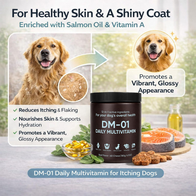 DM-01 Daily Multivitamin for Dogs, Dog Daily Multivitamin for Skin & Coat Health, Joint Support, Digestive Health, with Salmon Oil, Chondroitin, and Natural Vitamins, Beef Flavor, 60 Chews (1) 1
