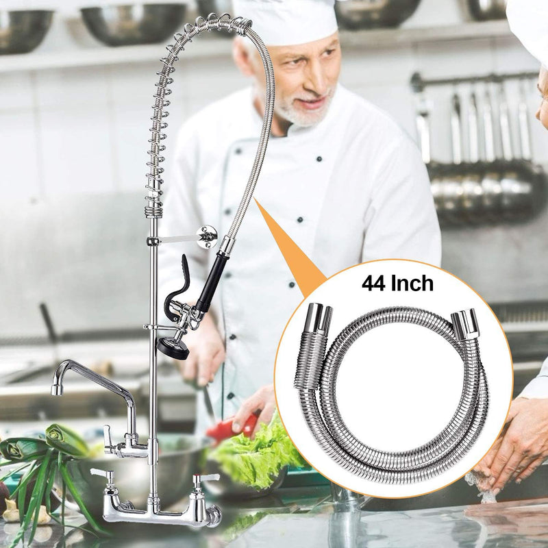 KWODE Pre-rinse Hose 44" Flexible Stainless Hose Replacement Kit For Commercial Kitchen Sink Faucet On Compartment Sinks with Spray Valve