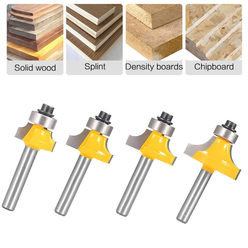 Roundover Router Bit Set，4pcs Router bit Set，1/4 inch Shank，Radius in 1/8", 1/4", 3/16", 5/16"，Bearing Guide for Rounding Edge bit