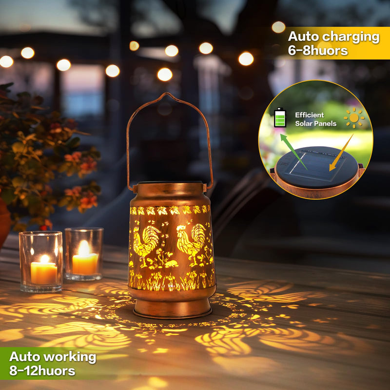 Solar Lanterns Outdoor Garden Decor,Chicken Gifts for Women, Mom, Grandma, Birthday, Thanksgiving, Decorative Waterproof Hanging Metal LED Light for Yard, Patio, Lawn, Landscape, Backyard (Rooster) Rooster