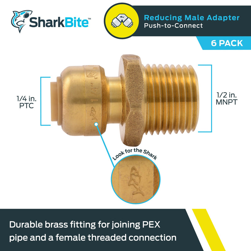 SharkBite 1/4 Inch x 1/2 Inch MNPT Reducing Adapter, Pack of 6, Push To Connect Brass Plumbing Fitting, PEX Pipe, Copper, CPVC, PE-RT, HDPE, U110LF 1/4 in. x 1/2 in., 6 Pack