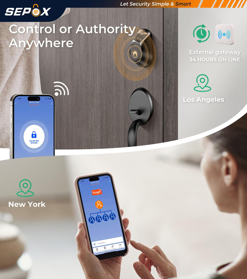 SEPOX® Smart Deadbolt Door Lock, 5-in-1 Keyless Entry (Fingerprint, Bluetooth, WiFi, Tuya APP, Key) Auto Lock/Unlock, Front Gate & Bedroom Compitable, Upgrade Lever & Knob, Unique & Universal Design Matt-Gun-Black 1 Piece