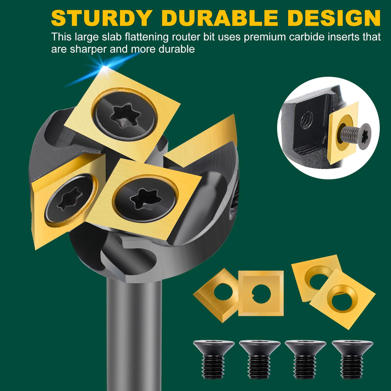 Slab Flattening Router Bit 1/4 inch Shank, 1'' Cutting Diameter | Spoilboard Surfacing Router Bit with Titanium Coated Carbide Insert CNC Router Bits Woodworking Tools 1/4" Shank-1" Cut Dia. (2+2 Inserts) TiN