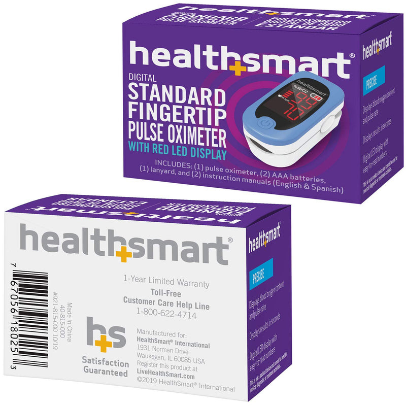 HealthSmart Pulse Oximeter for Fingertip, Displays Blood Oxygen Saturation & Pulse Rate, Accurate & Reliable, Batteries & Lanyard Included Red OLED ONE SIZE