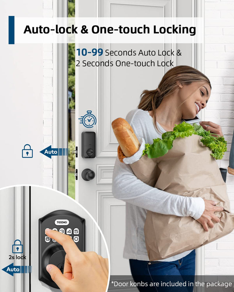 TEEHO TE001K Keyless Entry Door Lock with Handle, Electronic Keypad Deadbolt with 2 Knobs, High-Security Front Door Handle Set for Home & Rental, Smart Auto-Locking, Easy Install, Matte Black