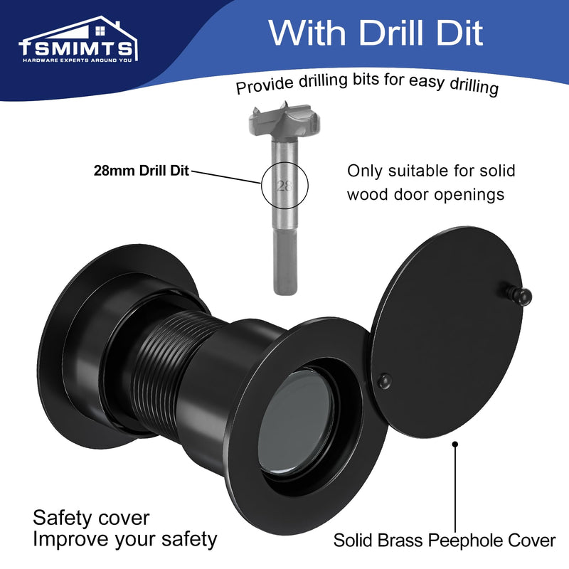 Door Viewer Peephole, Solid Brass 220 Degree HD Door Viewer, with 1-7/64″ (28mm) Drill Bit and Privacy Cover, Compatible with Door Thick from 1-21/32" to 2-1/8" Matte Black Finish