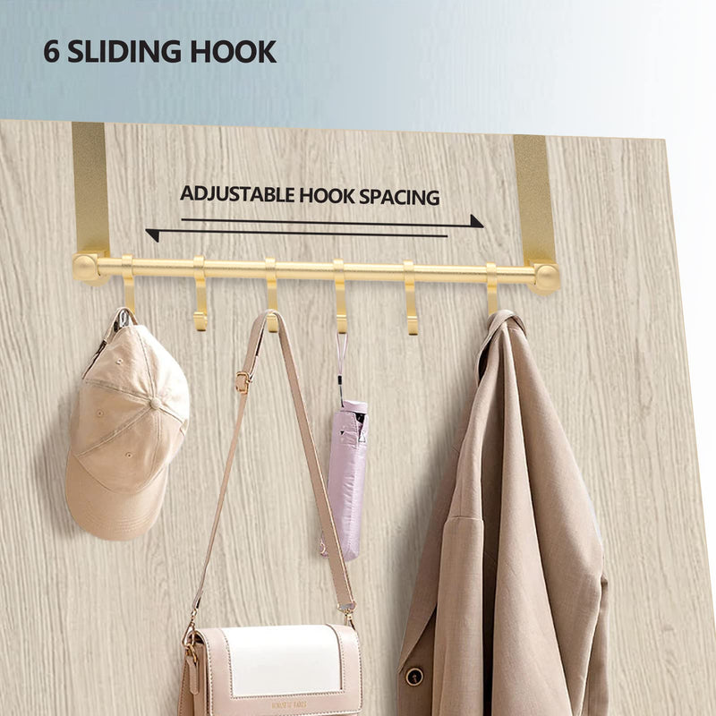 Over The Door Hooks Door Hanger, Moving 6-Hooks Over Door Coat Rack for Hanging, Aluminum Heavy Duty Door Organizer for Towel Robe Hat Bag, Behind Back of Door Bathroom (Gold) Gold