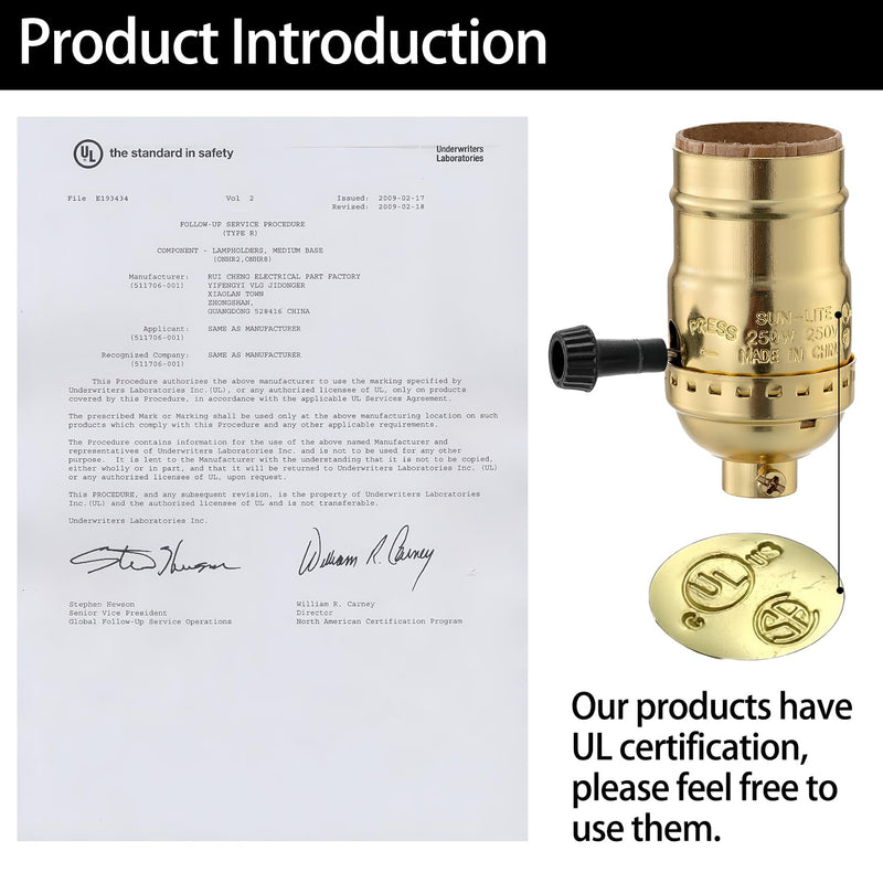 Lamp Socket Replacement, E26 Threaded Base, Turn Knob for ON/Off Light Settings, Lamp Parts for Table and Floor Lamps Repair, Dimmable Light Bulb Socket with Lamp Switch (Gold) 2 Way - Turn Knob