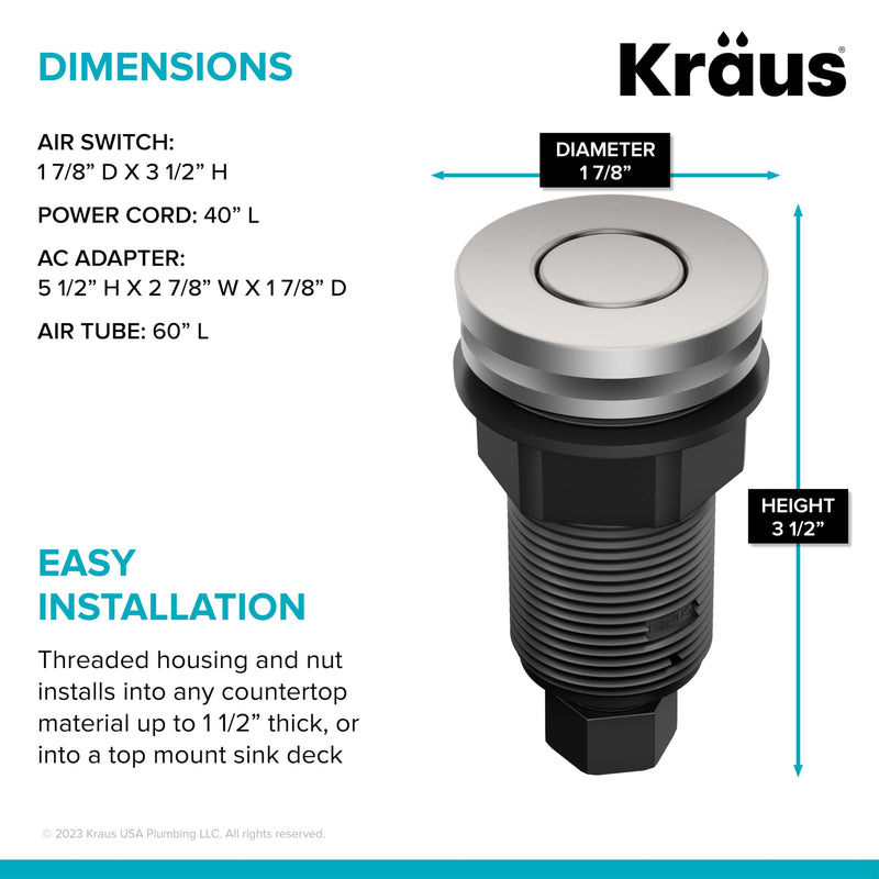 KRAUS Garbage Disposal Air Switch Kit in Spot-Free Stainless Steel with Push Button, AC Adapter, Power Cord, and Air Tube Included, KWDA-200SFS