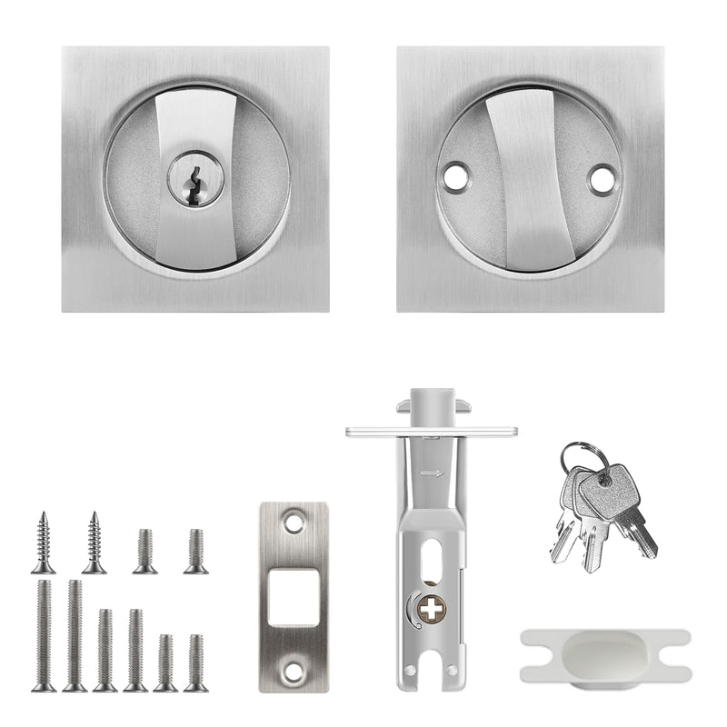 Square Pocket Door Lock, Satin Nickel Pocket Door Hardware, Sliding Pocket Door Lock with Key, Flush Pocket Door Latch for Bed/Bath Square Entrance