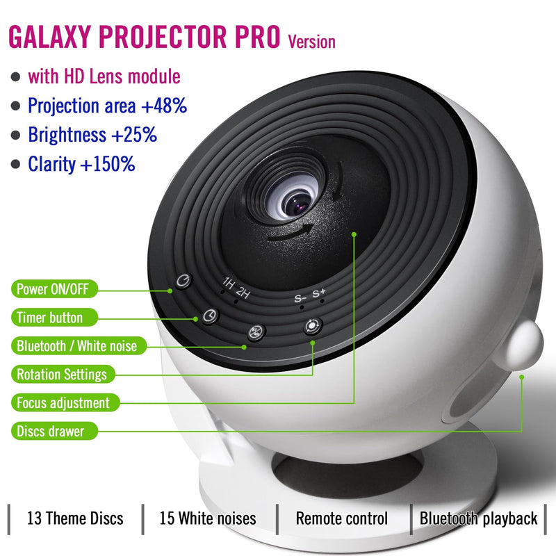 Star Projector Pro, Galaxy Projector for Bedroom, Wider Sharper Projection, 13 Theme Discs, 15 Sleep Aid White Noise, Remote, Timer, Bluetooth Play, White B-White Pro