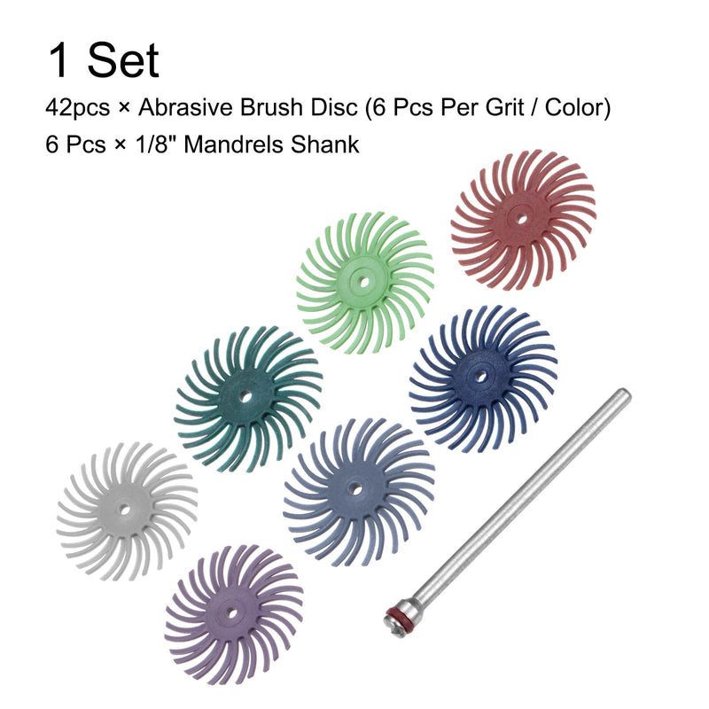 HARFINGTON 42pcs Radial Bristle Disc Set 1" 80-2500 Grit Detail Abrasive Brush Kit Gap Polishing Wheel Assortment with 6pcs 1/8" Shank Mandrels for Jewelry Wood Metal Polishing Cleaning